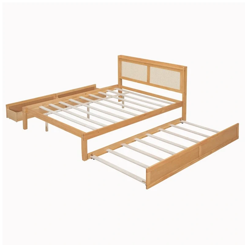 Elegant Bed Frame with Rattan Headboard and Sockets