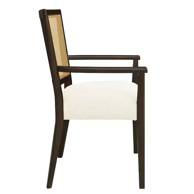 Beige/Dark Brown Upholstered Dining Arm Chairs with Rattan Back, Set of 2