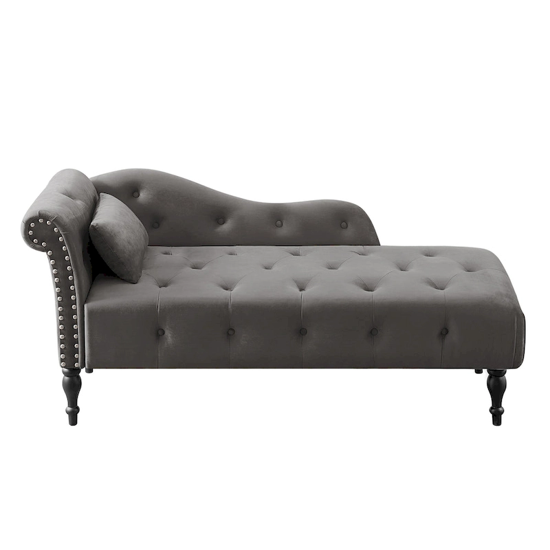 Modern 60.6  Velvet Upholstered Buttons Tufted Chaise Lounge Chair with Solid Wood Legs and Nailheads