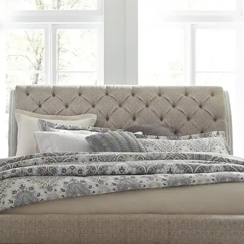 Antique White Tufted Upholstered Sleigh Bed