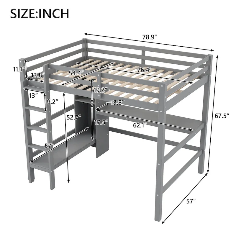 Full Size High Loft Bed with Desk and Storage Shelves, Pine Wood Bedroom Bedframe with Full-Length Guard Rail, Built-in Ladder