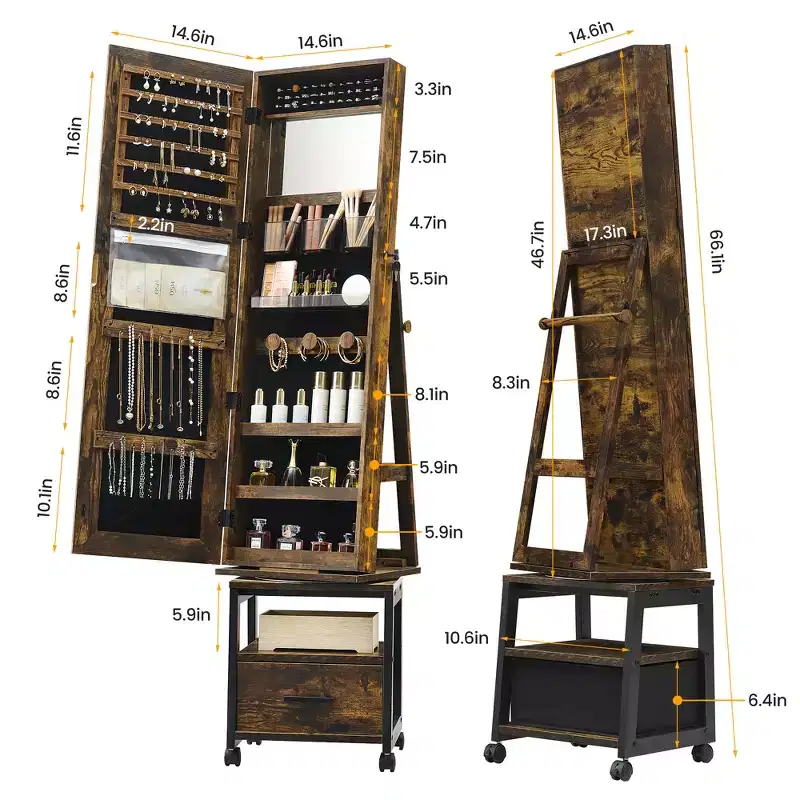 360 Rotating Jewelry Armoire Organizer with Full-Length Mirror, Lockable Storage Cabinet on Wheels, Necklace & Bracelet Display, Freestanding