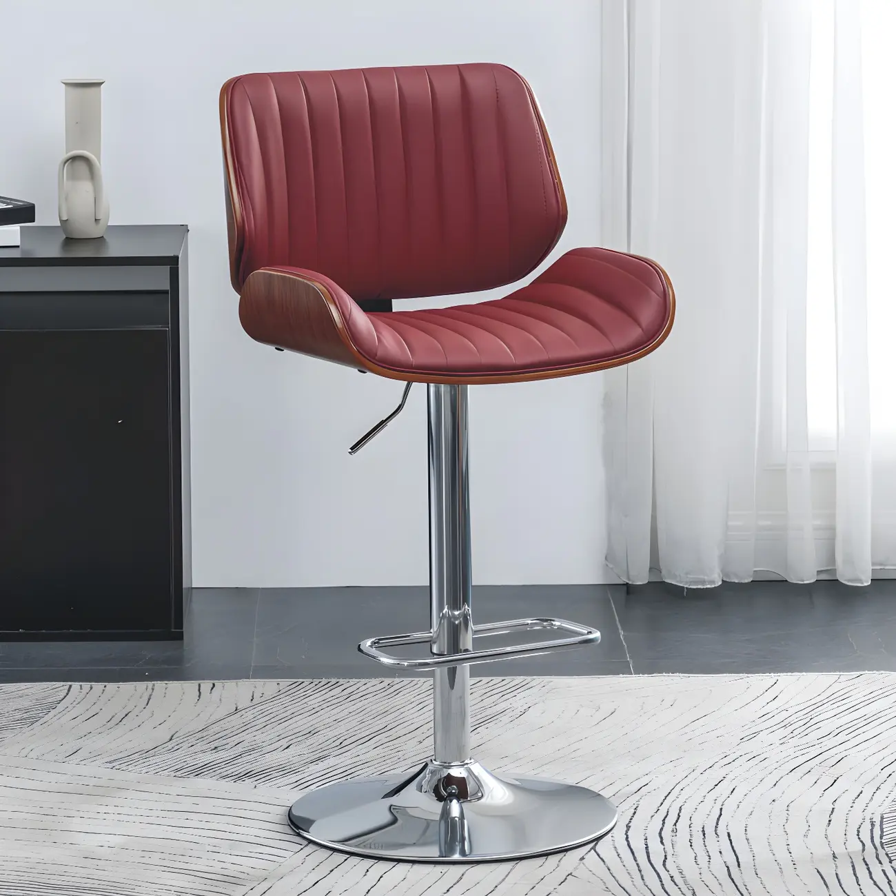 Elegant Wood Leather Red Swivel Adjustable Bar Stool