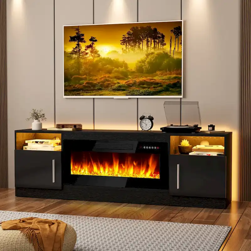 Bossin 70 Fireplace TV Stand with 36 Electric Fireplace, TV Stand for TVs Up to 80, 16 Colors LED Lights/Entertainment Center
