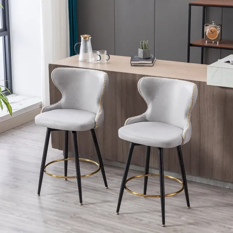 Swivel Bar Stools Set of 2, Upholstered Counter Stools with Metal Legs, Faux Leather Kitchen Barstools with Back