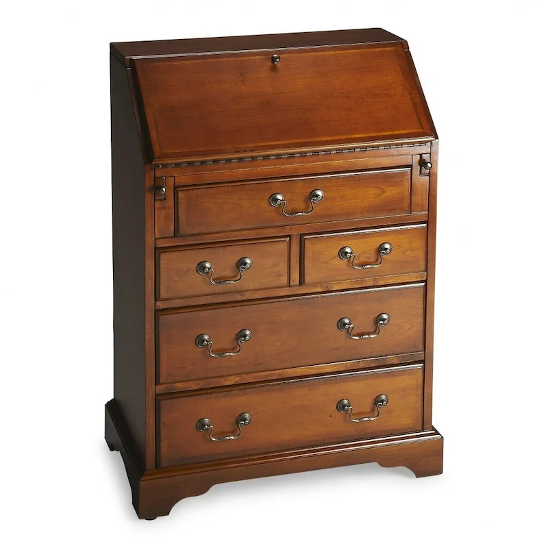 26 Brown Rubberwood Wood Secretary Desk With Five Drawers