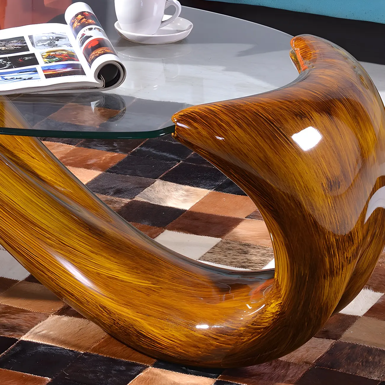 Abstract Modern Oval Glass Top Metal Base Coffee Table