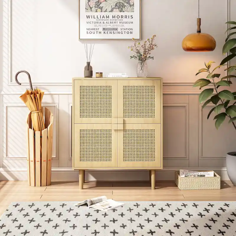 4-Doors Rattan Mesh Storage Cabinet, Sideboard with Eight Storage Spaces, for Entryway, Living Room, Hallway (Natural)