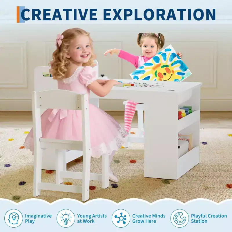 Art Table with 2 Chairs, Craft Play Wood Activity Desk with Large Storage Shelves for Writing Drawing white