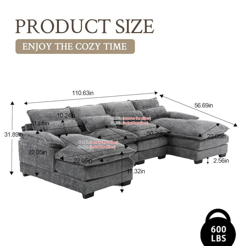 Chenille Upholstered U-Shaped Living Room Sectional Sofa With Wooden Legs