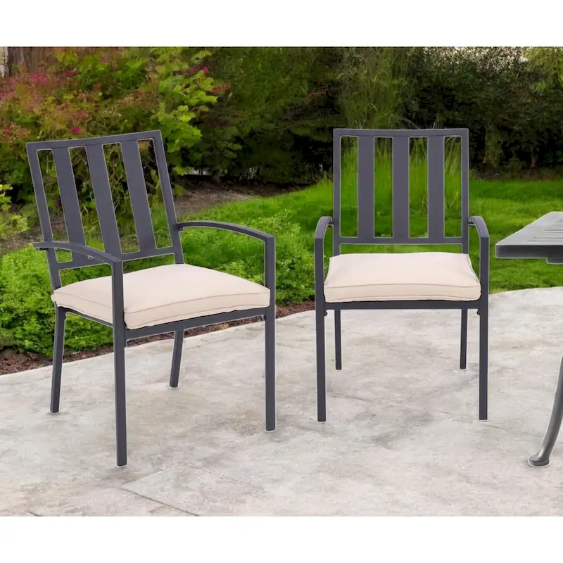 Set of Two Dark Gray Aluminum Outdoor Stacking Dining Chairs with Beige Cushion