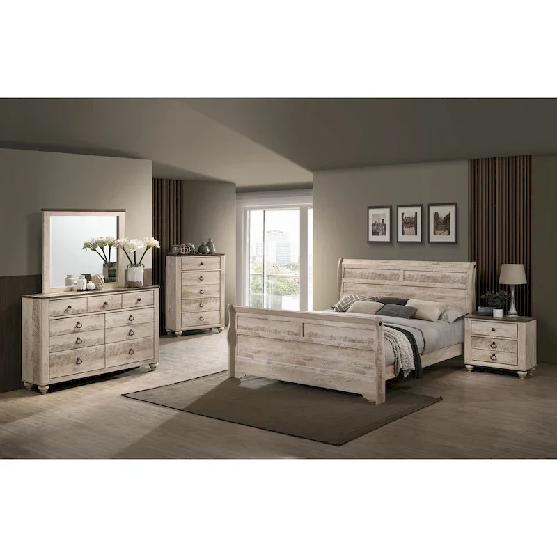 5-Piece Contemporary White Wash Bedroom Set with Sleigh Bed, Dresser, Mirror, Nightstand, and Chest