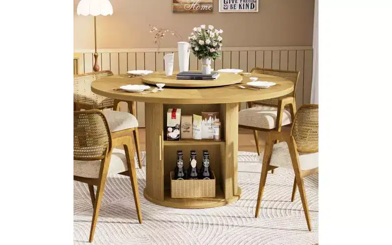 Natural Brown Round Pedestal Dining Table, Seats 6