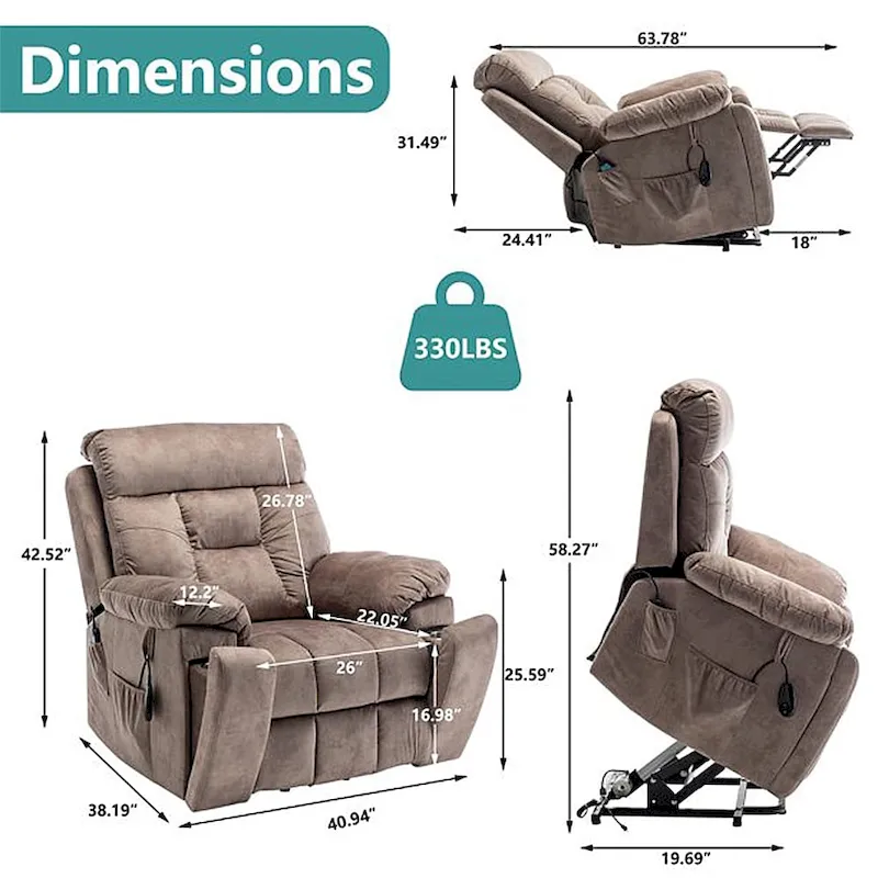 Power Lift Recliner, Massage & Heat, Velvet, 8-Point Massage, Cup Holder, Reclines 160°, Seats 1, Light/Dark Brown