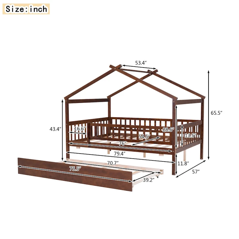 Full Pine House Bed with Twin Trundle