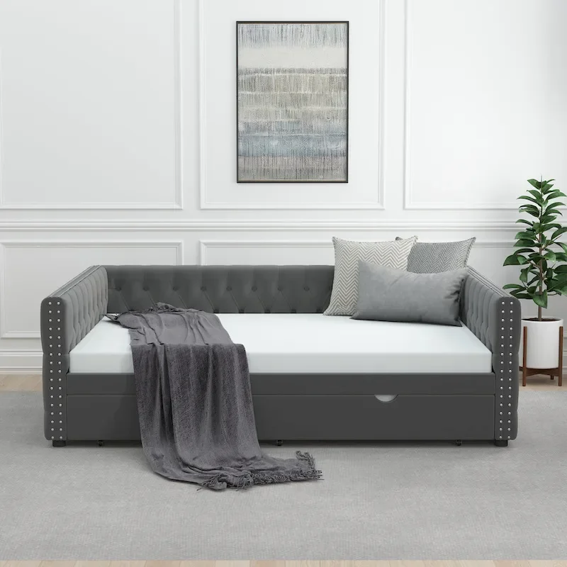 Daybed with Trundle Velvet Upholstered Tufted Sofa Bed, with Button and Copper Nail onSquare Arms,Full Daybed & Twin Trundle