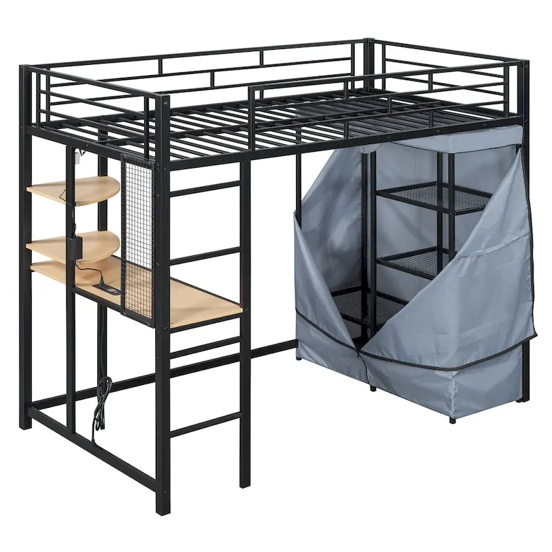Twin Metal Loft Bed with Built-in Desk, Wardrobe & Power Outlet - 350LB Capacity