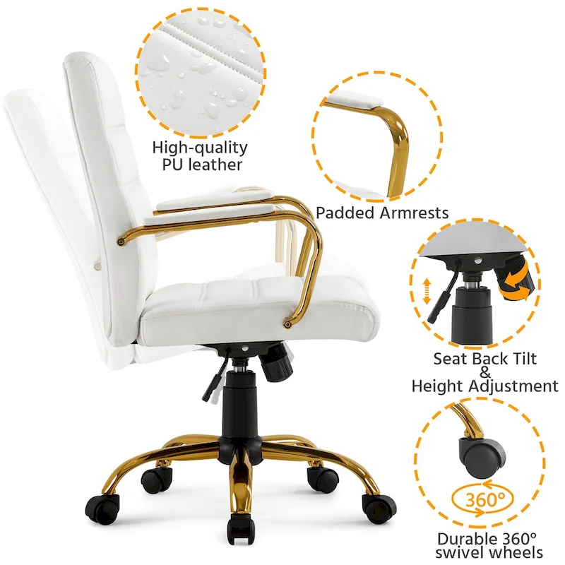 Yaheetech Mid-Back Office Chair with Gold Frame PU Leather Office Executive Chair, White - N/A