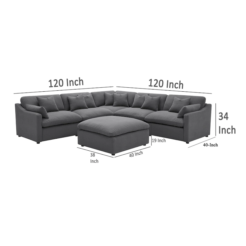 Hobo 6pc Sectional Sofa, Charcoal Gray Fabric, 10 Pillows, 120 Inch