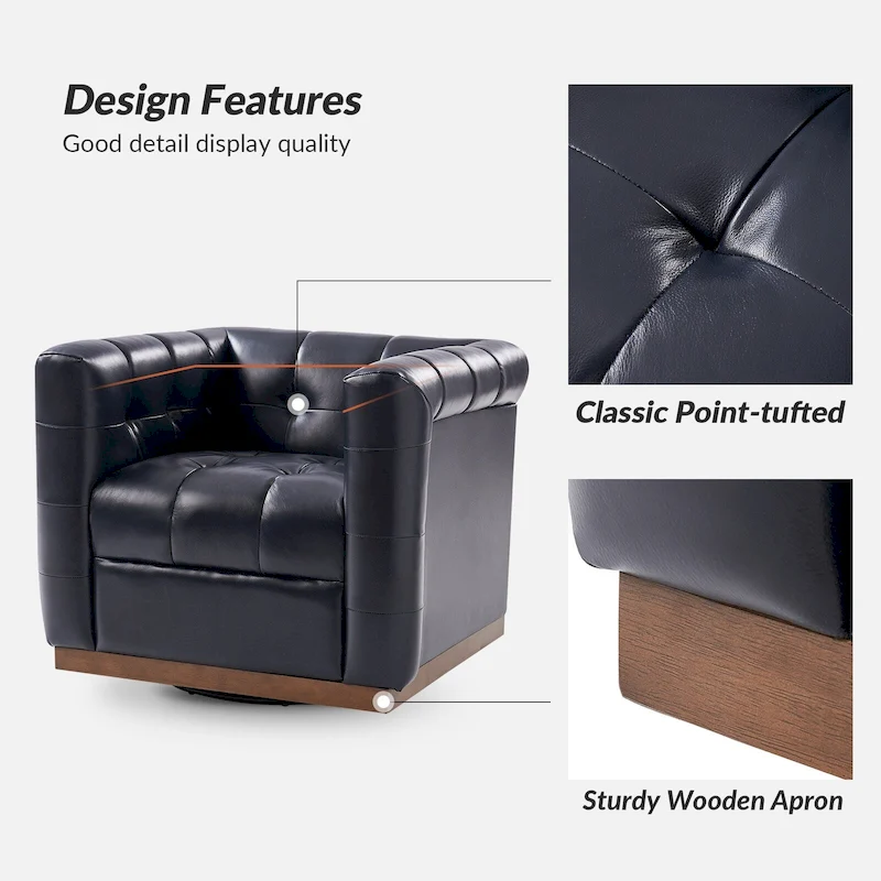JeremiasMid-certury Modern GenuineLeatherTufted SwivelClubChair with Wooden Apron by HULALA HOME
