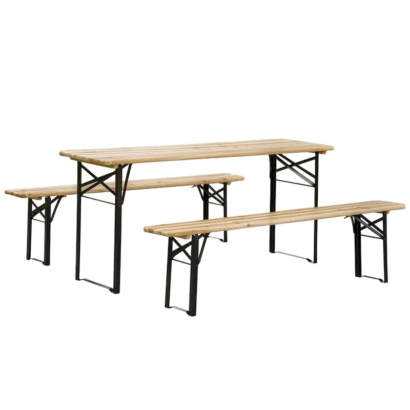 Outdoor Portable Picnic Table and Bench Set, Wooden Folding Camping Dining Table Set, Set of 3