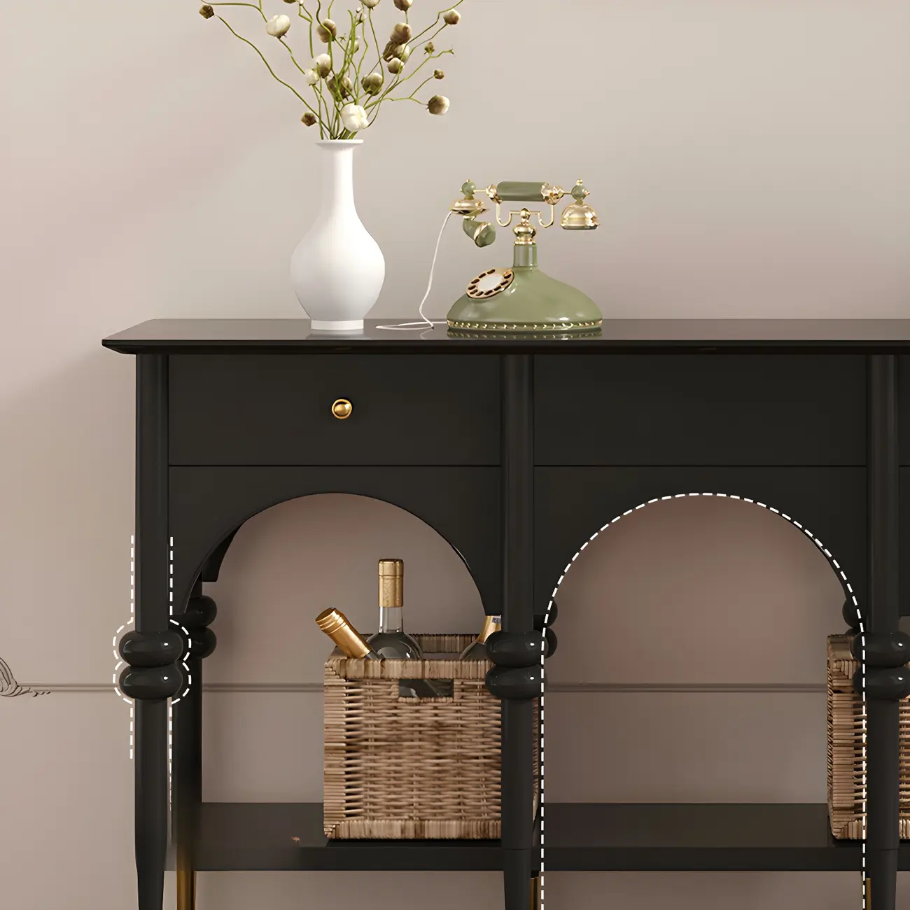 Rectangular Black Wood Console Table with Drawers
