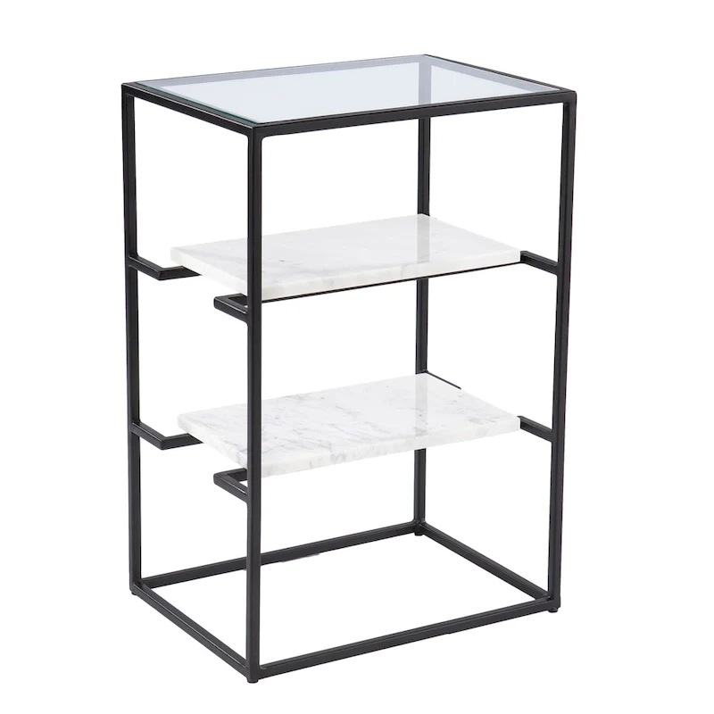 SEI Furniture Piesby Glass-Top End Table with Marble Shelving, Black/White