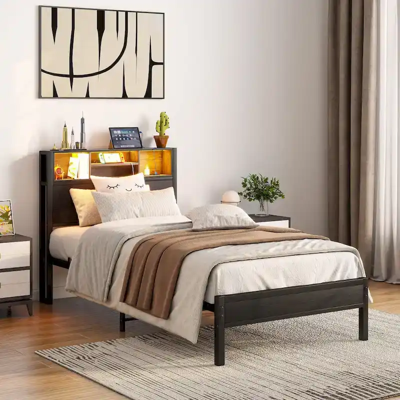 Twin Size Metal Platform Bed with Storage Headboard and Charger