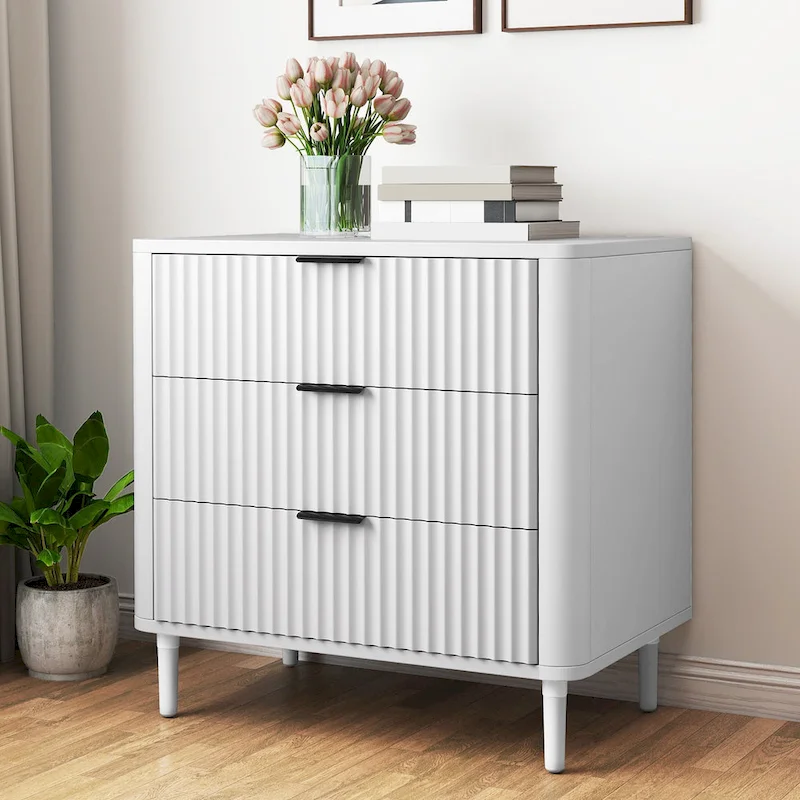Moasis Modern Fluted 3-Drawer Dresser Chest of Drawers Natural Oak