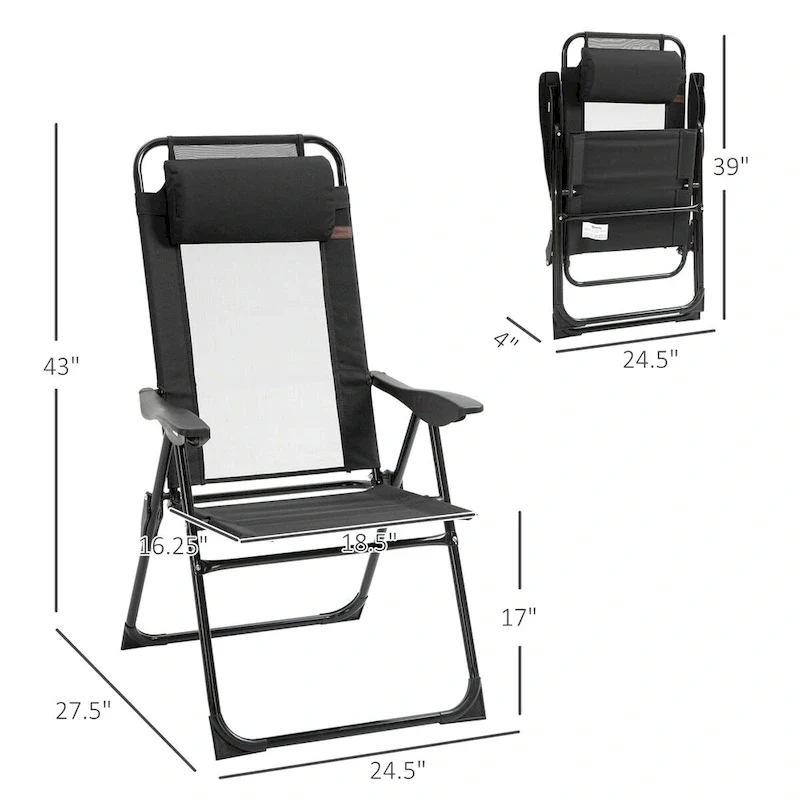Folding Patio Chairs Set of 2, Deck Chair with Adjustable Sling Back, Camping Chair with Removable Headrest