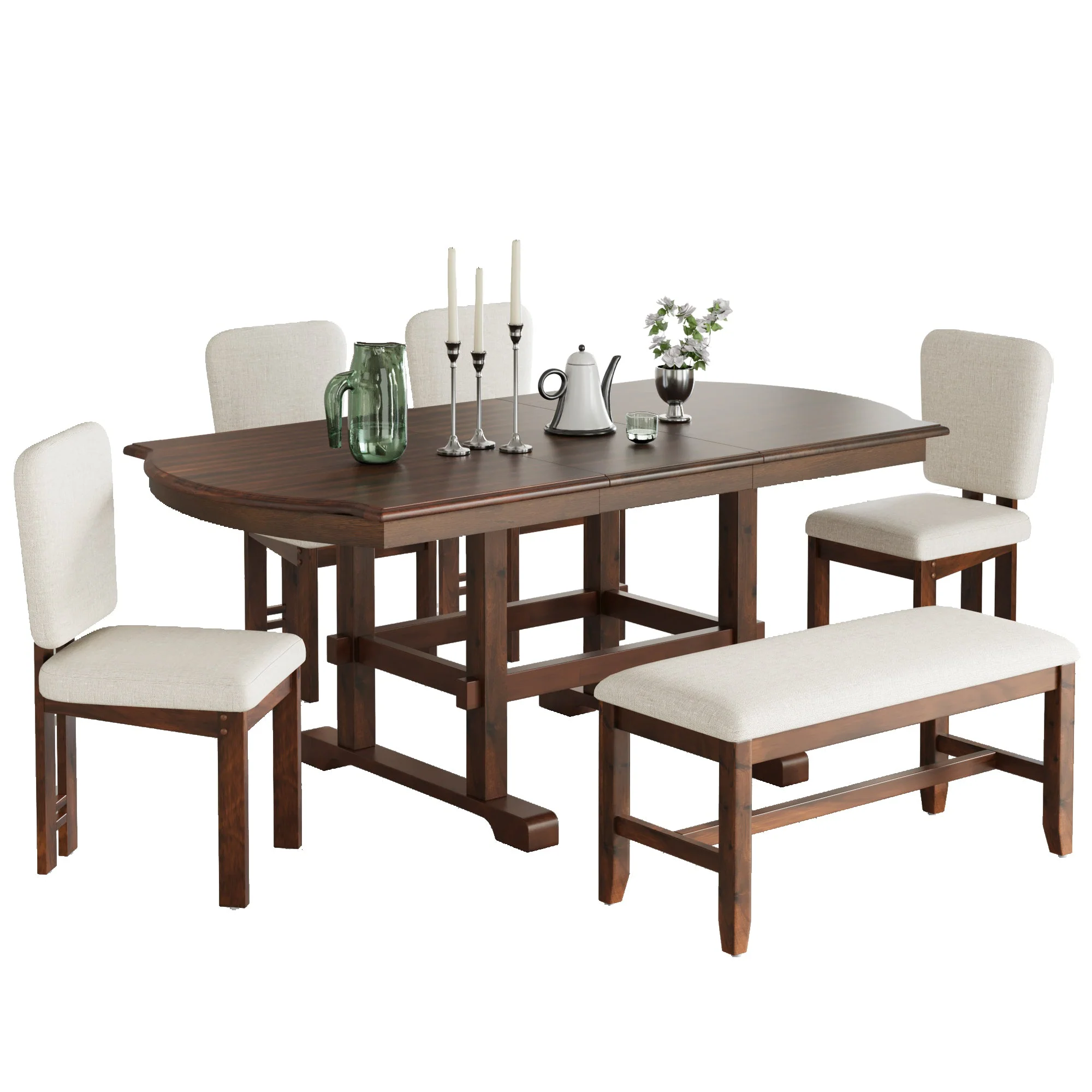 Traditional Farmhouse 6 Pieces 78 Extendable Dining Table Set with Bench