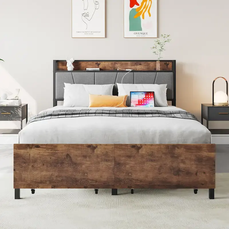 Full Size Bed with Storage Headboard, Two Drawers &Charging Station
