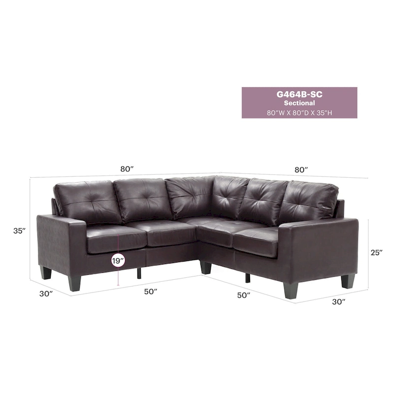 Newbury 82 in. W 2-piece Faux Leather L Shape Sectional Sofa - 32L x 82W x 35H