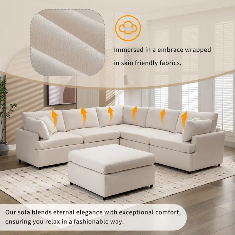 100.4 Spacious U-Shape 6 Seater Sectional Sofa with Removable Ottomans and Pillow, Flexible Configuration