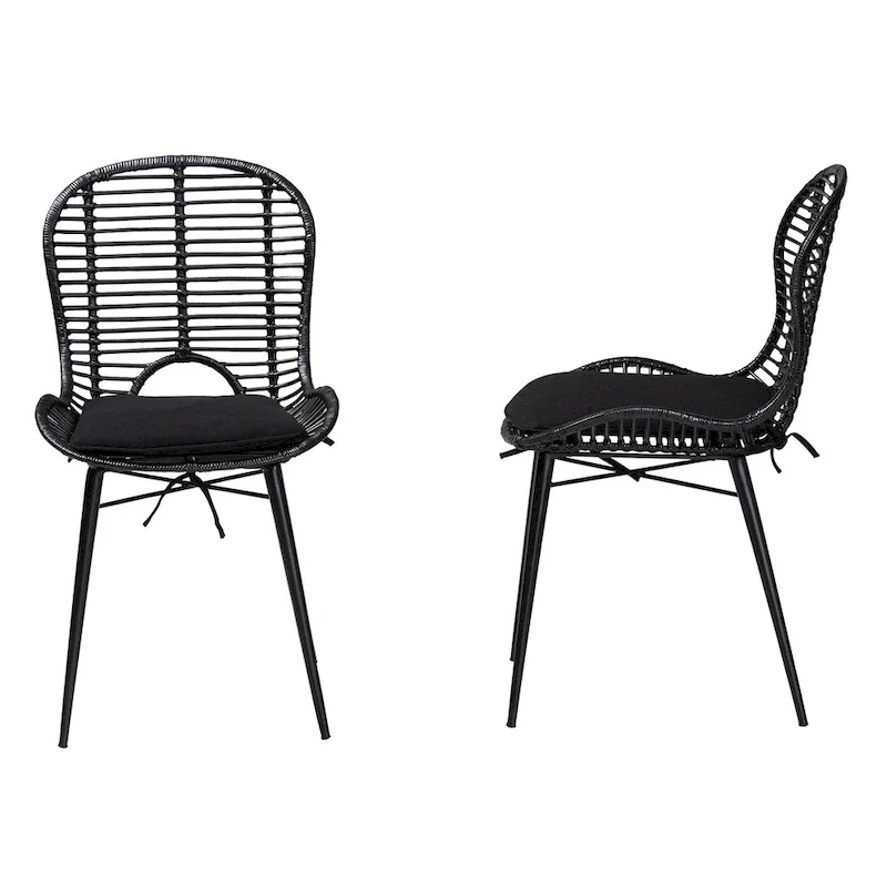 Modern Bohemian Rattan and Metal 2-Piece Dining Chair Set