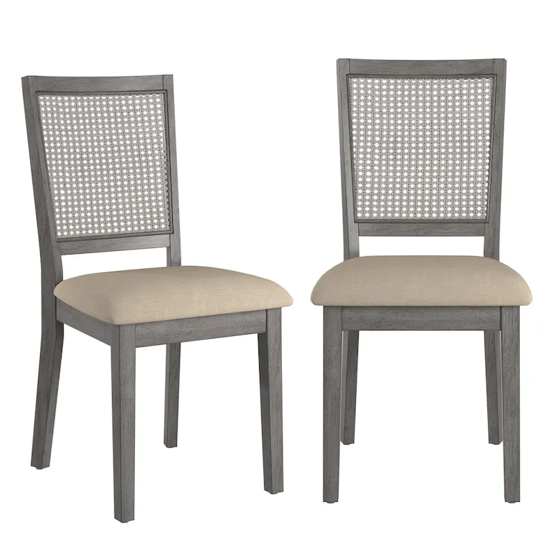 Beige Linen Rattan Back Dining Chairs (Set of 2)