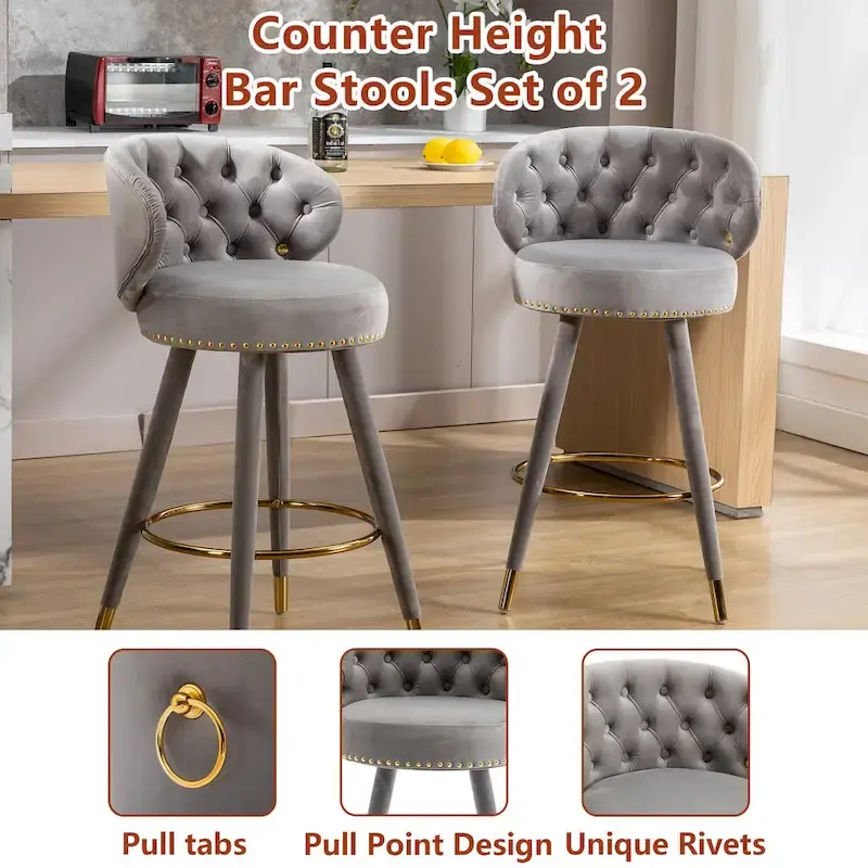 Velvet Upholstered 360 Degree Swivel Tufted Bar Stools with Golden Footrest(set of 2)