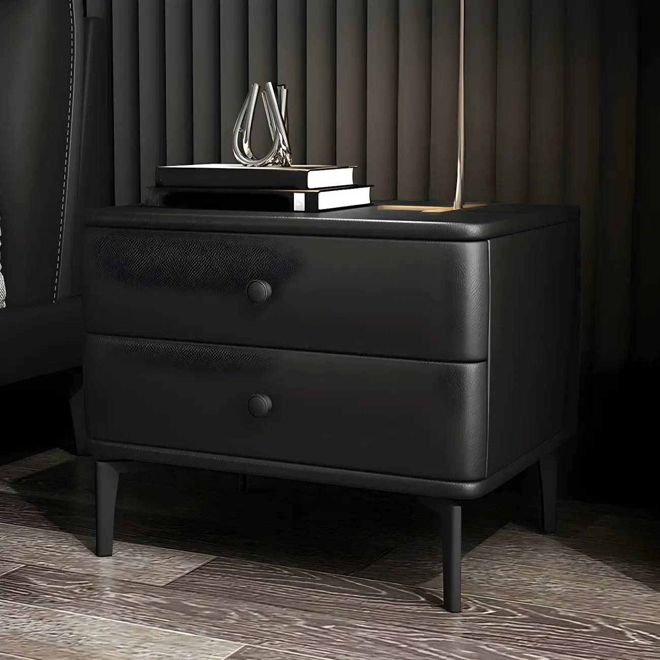 Modern Black Leather Bedside Table with Drawers