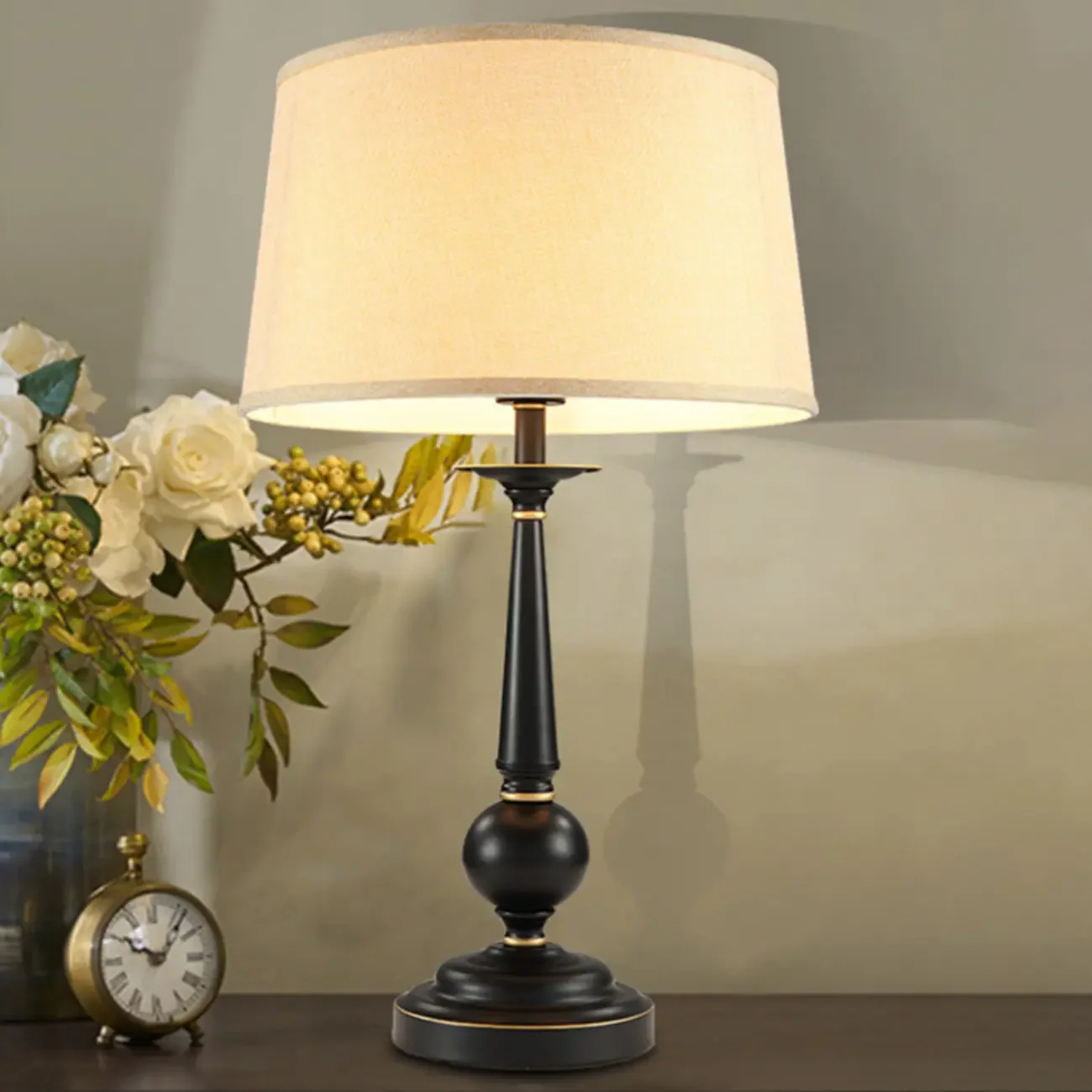 Traditional Fabric Shade Black Metal Standard Table Lamp