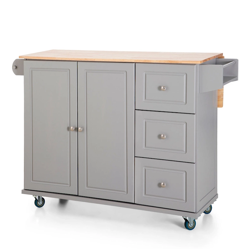Kitchen Island Cart with Drop-Leaf and Rubber Wood Top, Rolling Kitchen Trolley Cart Cabinet