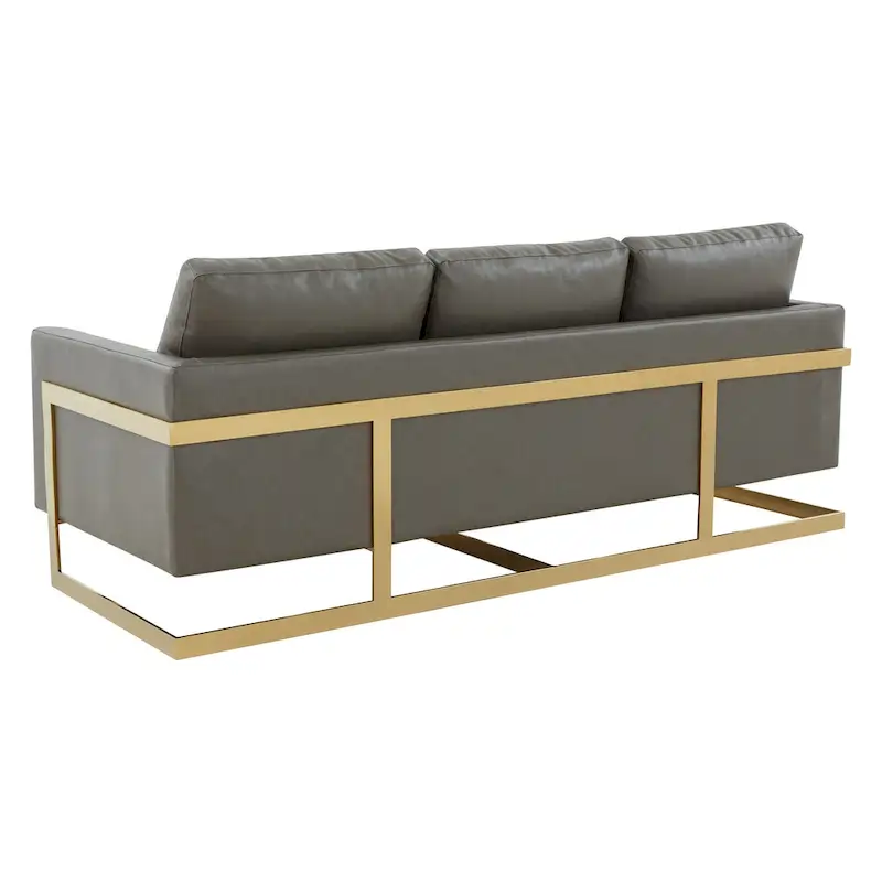 LeisureMod Lincoln Modern Upholstered Leather Sofa with Gold Frame - 83