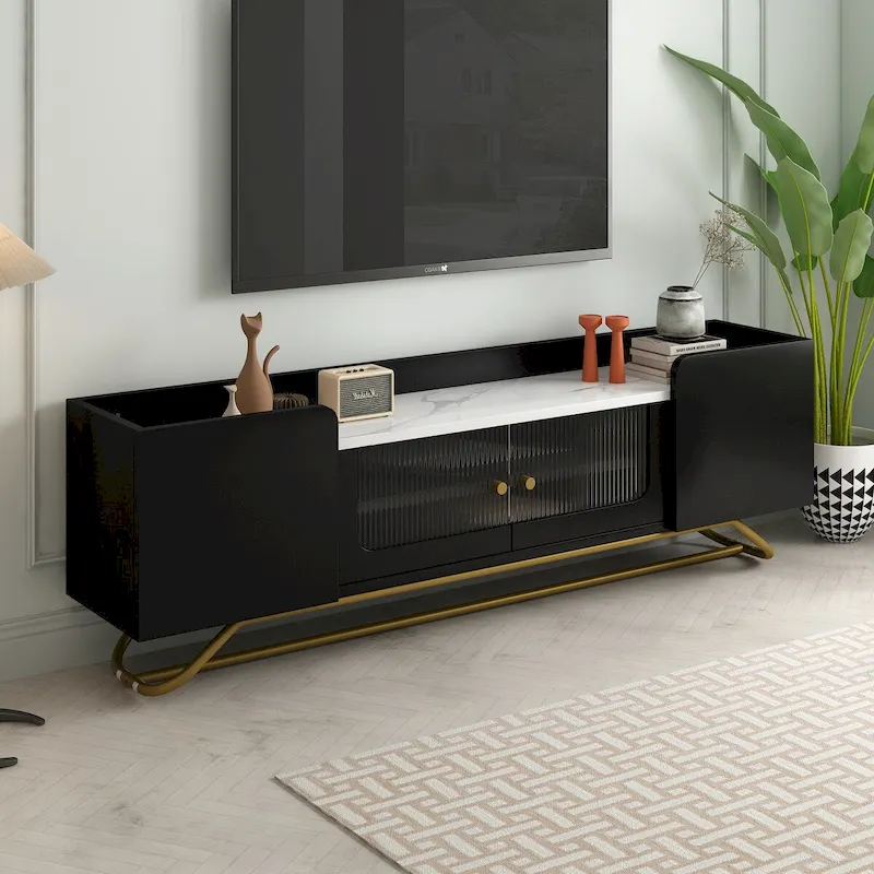 TV Stand with Fluted Glass Doors - Entertainment Center for TVs Up to 70 Inches