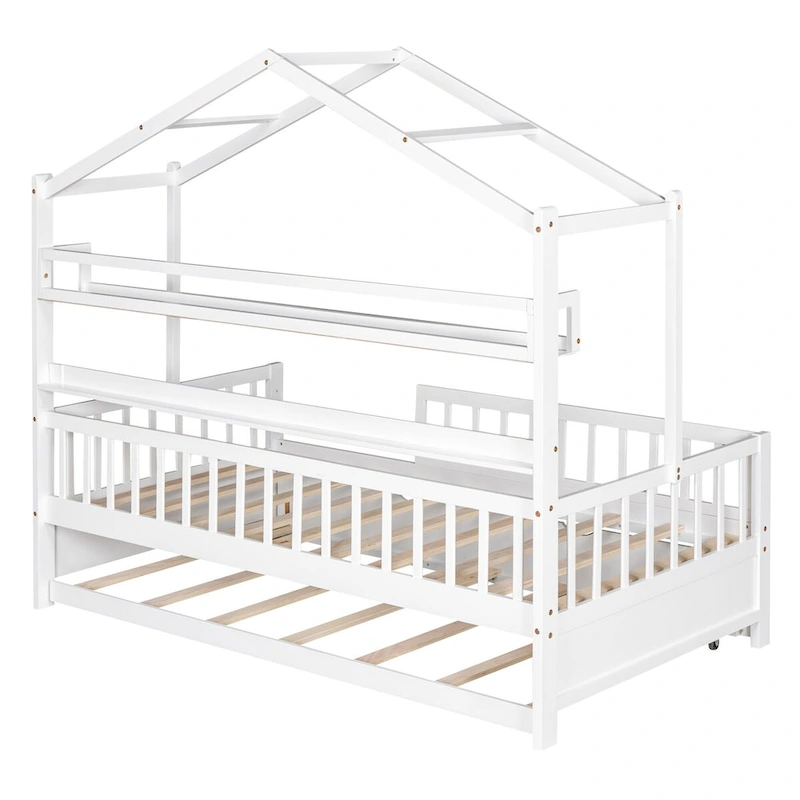 White Wooden House Bed with Twin Trundle and Shelf, Full-Length Guardrail