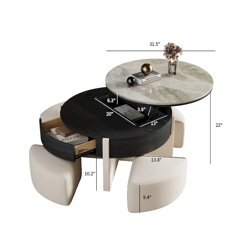 31.5 Modern Coffee Table, Lift Top Coffee Table with 3 Ottomans, Black - 31.5 X 31.5