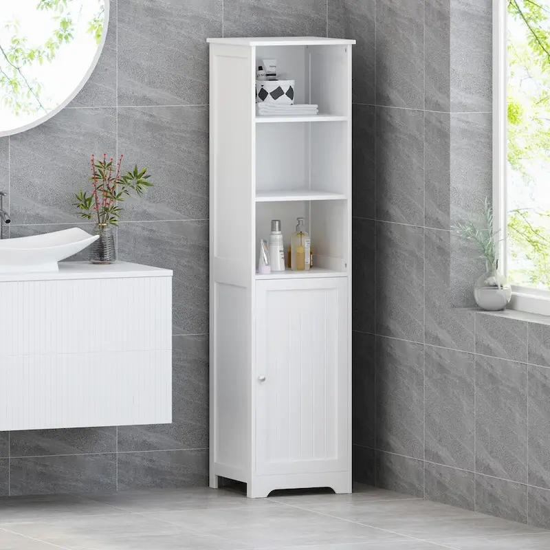 63-inch Tall Bathroom Linen Cabinet, Freestanding Diplay Storage Cabinet with 1 Door and Adjustable in White