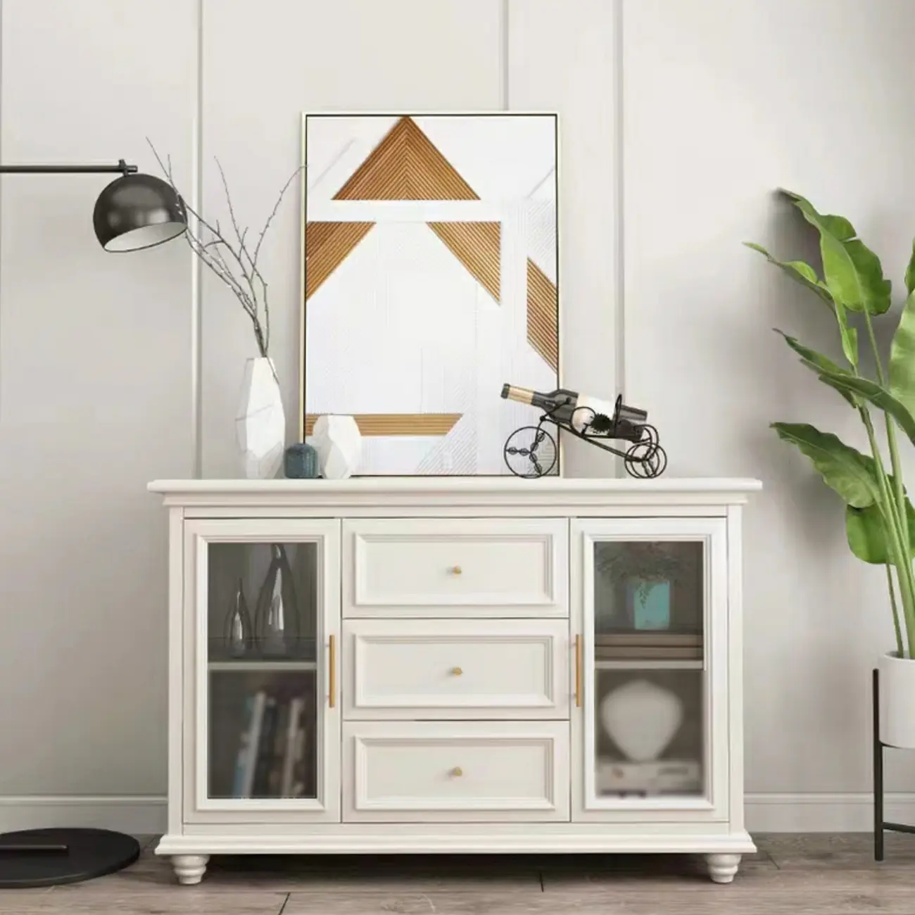 White Wooden Sideboard with 3 Drawers and Cabinets
