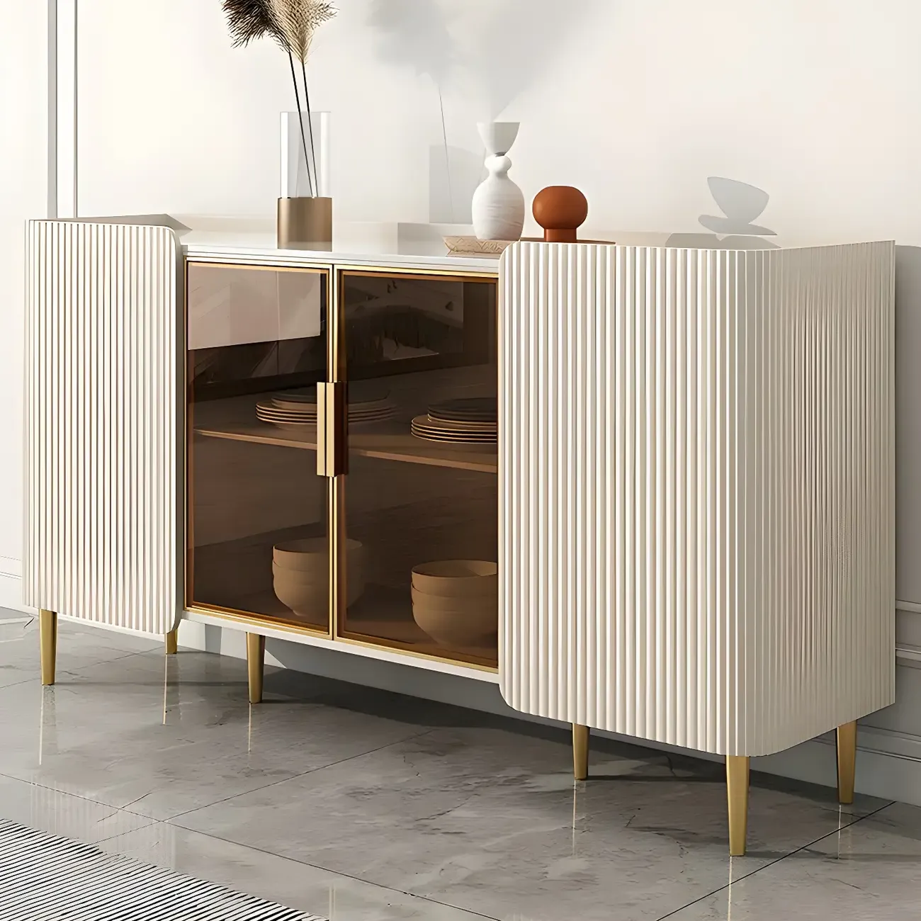 Glam Off-White Stone Countertop Sideboard with Shelves