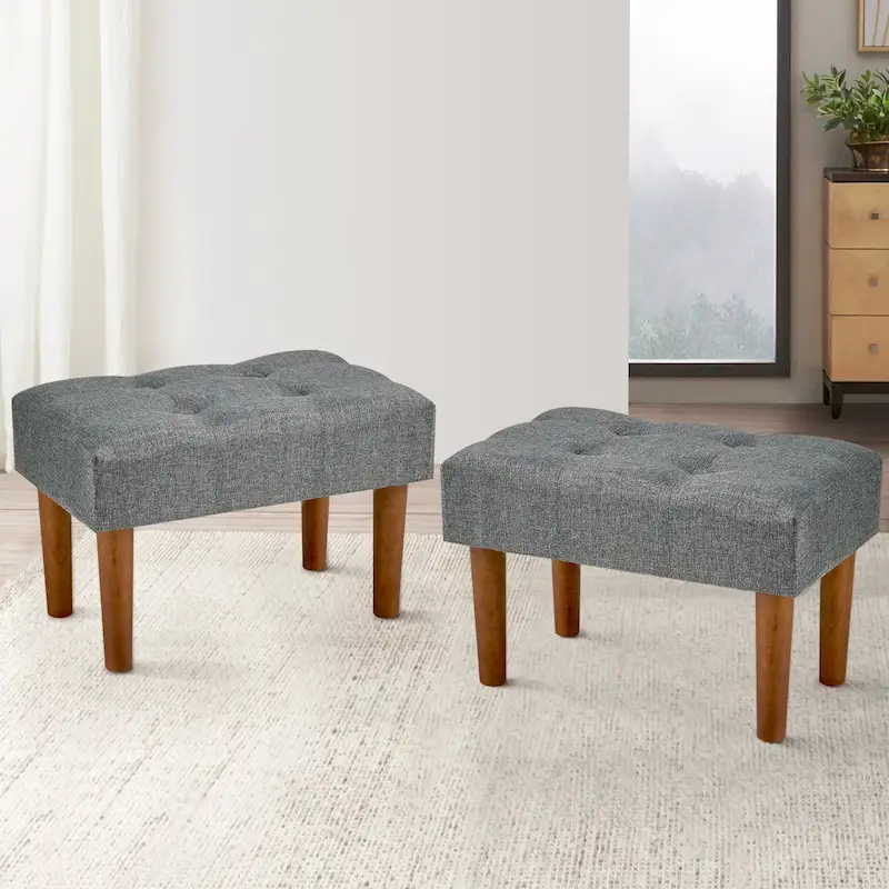 2 Pcs Small Foot Stool Ottoman, Linen Ottoman Foot Rest with Legs, Rectangle Upholstered Footrest