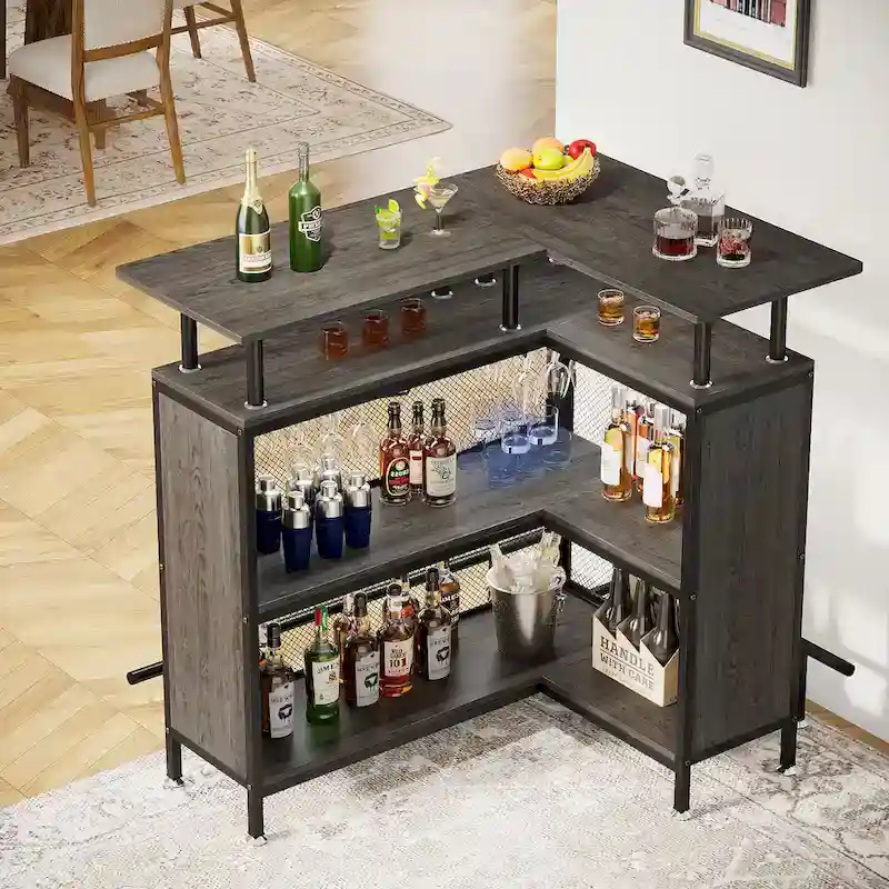 Brown / Black / Grey L-Shaped Home Bar Table with 2-Tier Storage and Stemware Rack – Single Unit