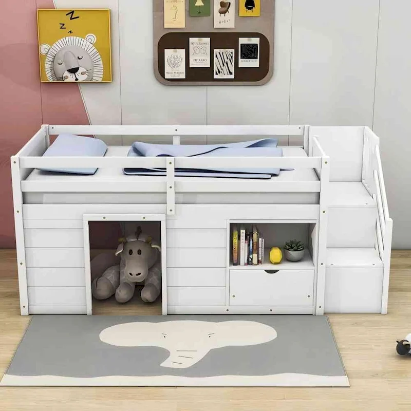 Solid Wood Low Loft Bed With Drawer and Stair,Twin Szie